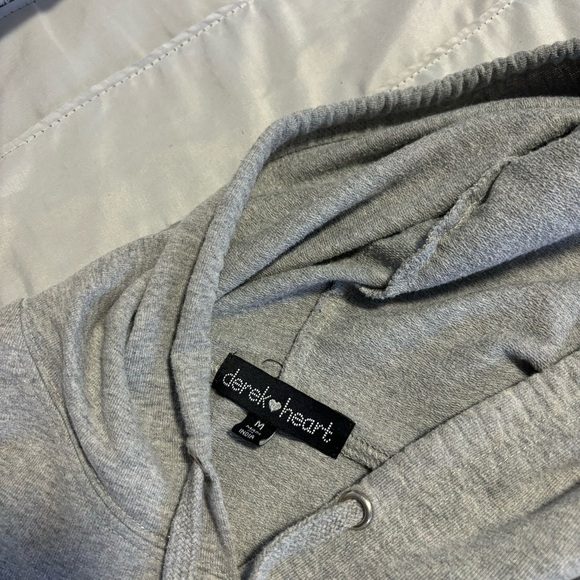 #0065 Gray Hooded Sweater with Striped Hem, Size M - Picture 3 of 3